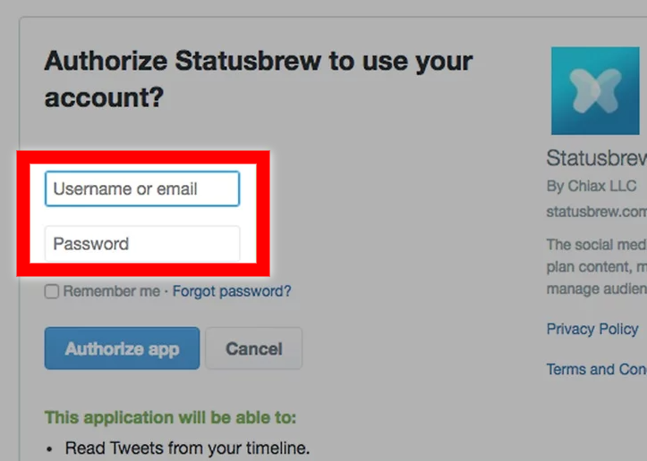 Twitter username and password