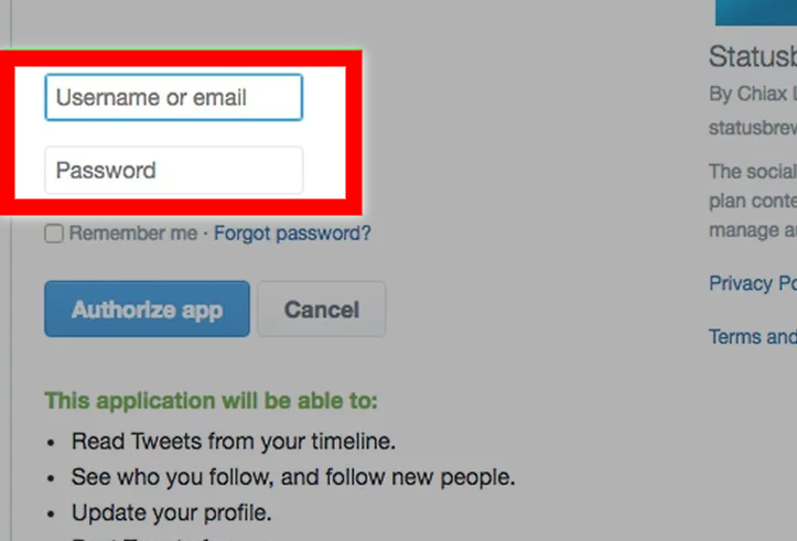 Twitter username and password